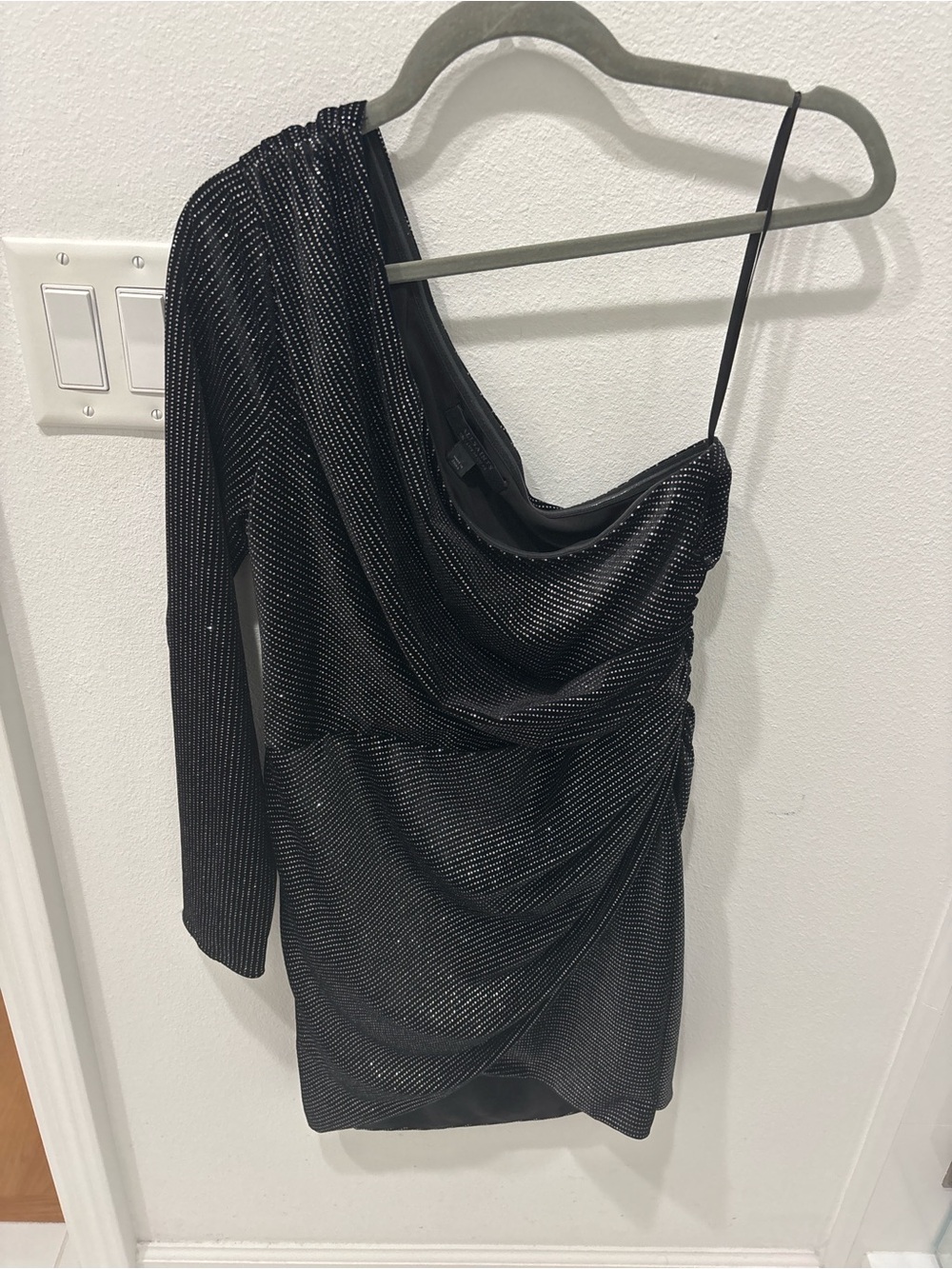 AllSaints Black One-Shoulder Sparkle Mini Dress
